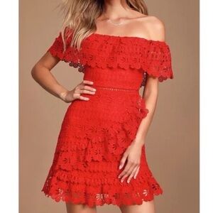 Lulu’s Red Lace Off-Shoulder Dress Genevieve Mini